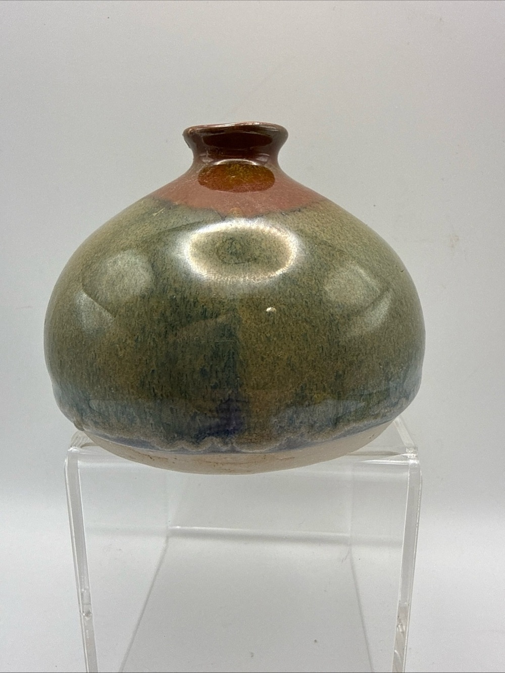 Vintage Signed Bud Vase Kravec Studio Pottery Drip Glaze Blue Green Rust Round